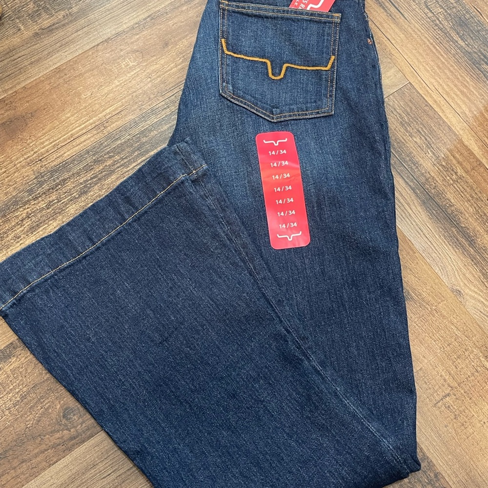 Jennifer by Kimes Ranch Dark Blue Wide-Leg Jeans with Gold Stitching